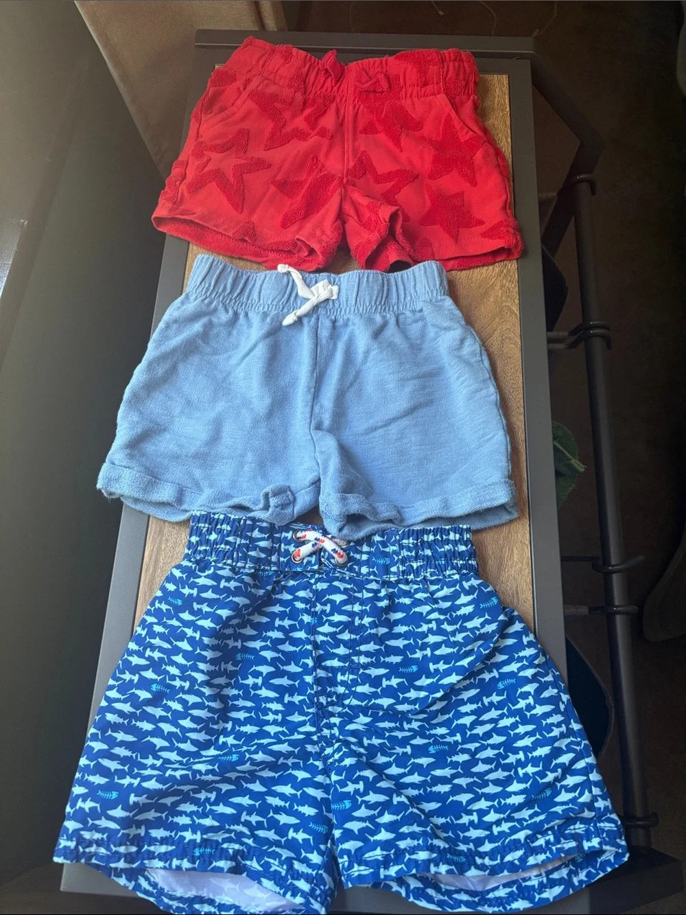 Set of 3 Comfy 18m Shorts - Light Blue, Red, and 1 Navy Shark Print bathing suit